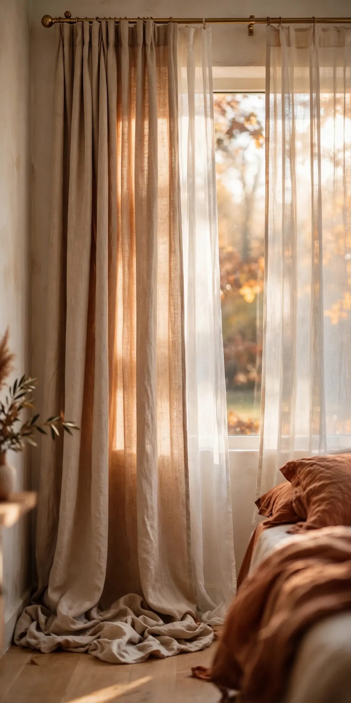 15 Cozy Fall Bedroom Ideas for Small Bedrooms - Bedrooms | HomeImprovementGeek Tall vertical view of floor-length warm oatmeal linen curtains puddled on wood floor beside window with autumn trees outside