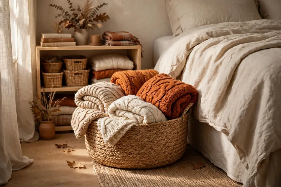 15 Cozy Fall Bedroom Ideas for Small Bedrooms - Bedrooms | HomeImprovementGeek Woven seagrass basket filled with folded cream and rust chunky knit blankets beside bed on jute rug