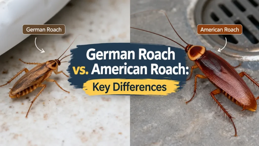 German roach vs American roach shown side by side for visual comparison, with a smaller tan German cockroach on a light kitchen surface and a larger reddish-brown American cockroach near a floor drain. Centered text highlights key differences between the two species, while labels identify each cockroach.