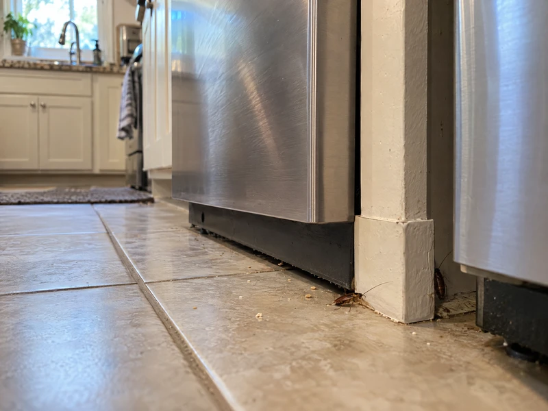 German roaches are visible near the base of stainless steel kitchen appliances, with one roach on the tiled floor beside scattered food crumbs and another partly hidden near the appliance gap. The scene shows a kitchen area where German roaches can cluster around food residue, moisture sources, and appliance heat, with activity concentrated along the floor edge and wall baseboard.