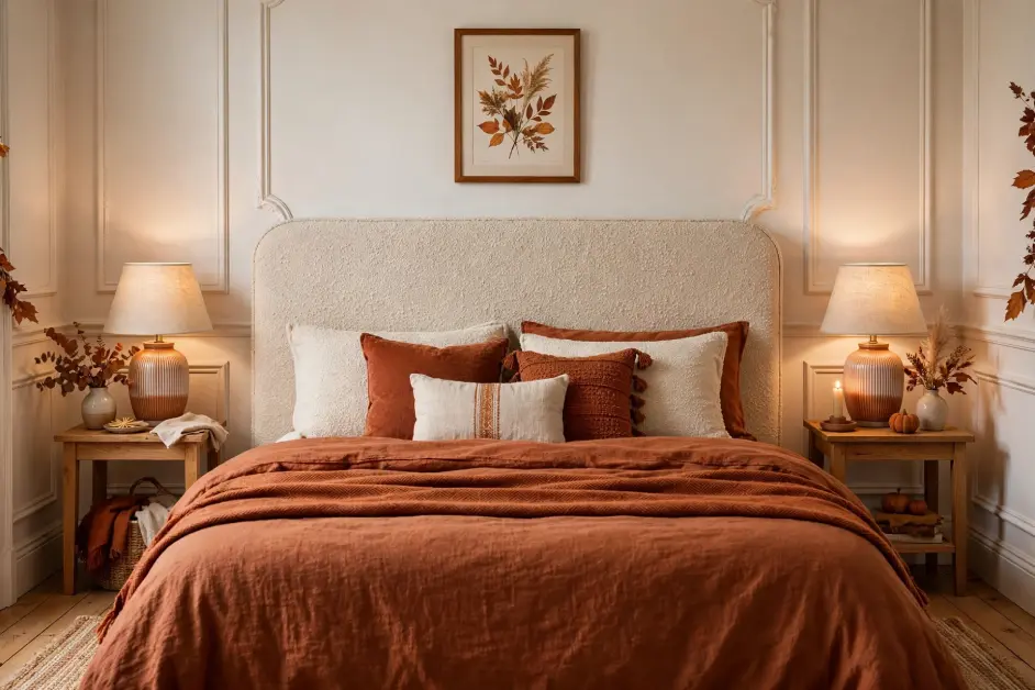 15 Cozy Fall Bedroom Ideas for Small Bedrooms - Bedrooms | HomeImprovementGeek Symmetrical view of bed with oatmeal boucle slipcovered headboard as focal point with rust bedding