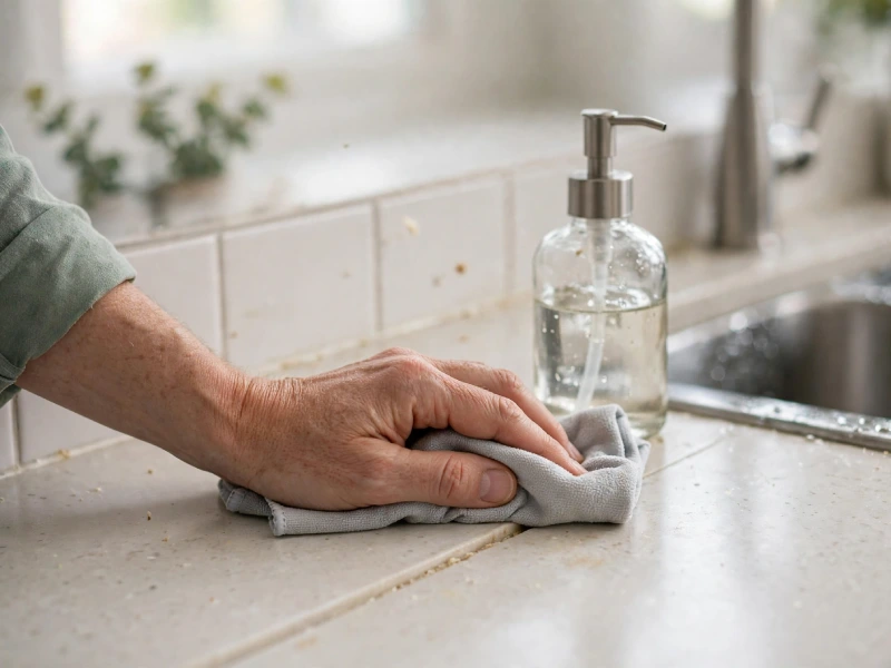 Tiny Ants Around the Kitchen Sink? Causes and Fixes - Pest Control | HomeImprovementGeek Person hand wiping light quartz kitchen countertop seam beside glass soap dispenser with gray microfiber cloth showing tiny crumbs and residue near tile backsplash