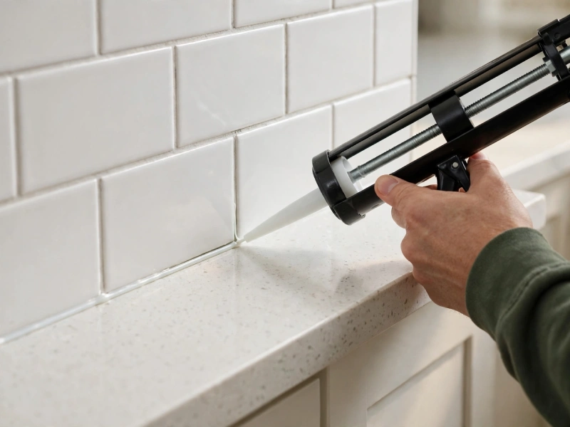 Tiny Ants Around the Kitchen Sink? Causes and Fixes - Pest Control | HomeImprovementGeek Hand holding caulking gun applying neat white kitchen sealant bead to dry gap between white subway tile backsplash and light quartz countertop for pest prevention repair
