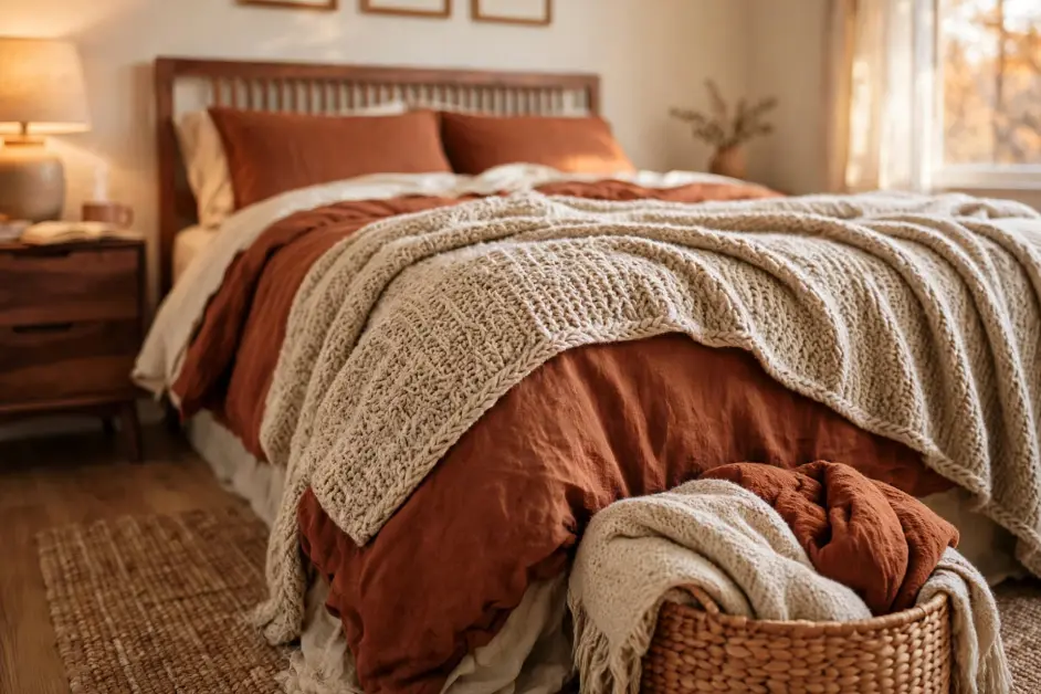 15 Cozy Fall Bedroom Ideas for Small Bedrooms - Bedrooms | HomeImprovementGeek Close-up of oatmeal chunky knit throw draped over rust duvet at foot of bed showing soft woven texture