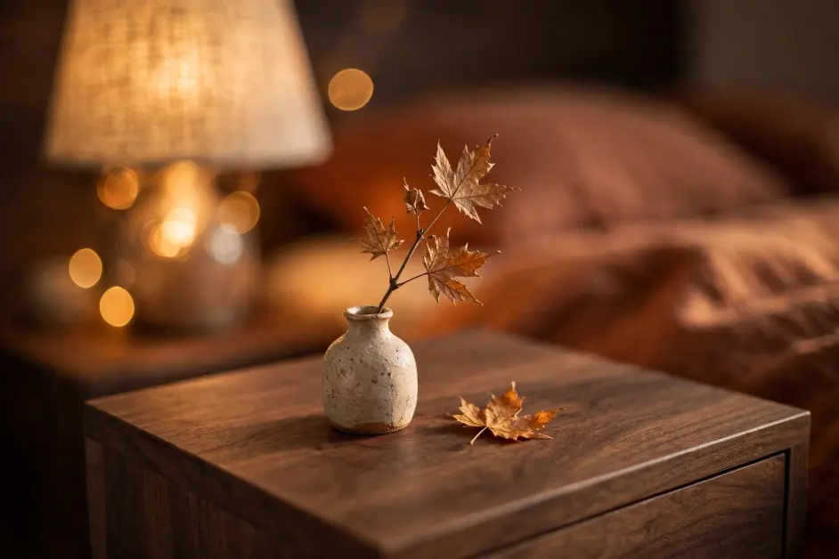15 Cozy Fall Bedroom Ideas for Small Bedrooms - Bedrooms | HomeImprovementGeek Close-up of small ceramic bud vase with dried maple sprig and single amber leaf on walnut nightstand