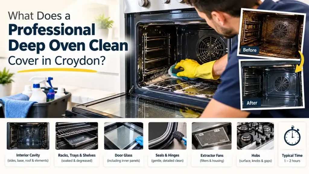 Professional oven deep cleaning in Croydon, showing grease removal, oven racks, door glass and other cleaned components.