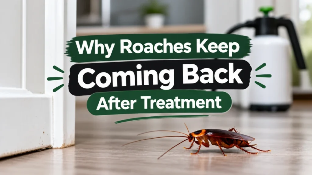 Roaches keep coming back after treatment, shown with a cockroach on a kitchen floor.