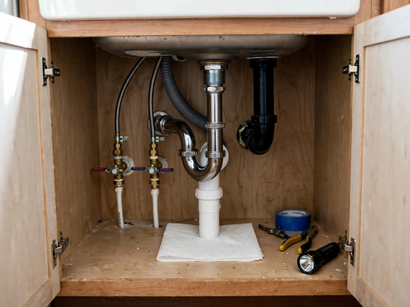Tiny Ants Around the Kitchen Sink? Causes and Fixes - Pest Control | HomeImprovementGeek Open under sink kitchen cabinet showing drain trap supply lines shutoff valves and clean dry paper towel placed beneath pipe joint to check for plumbing leaks