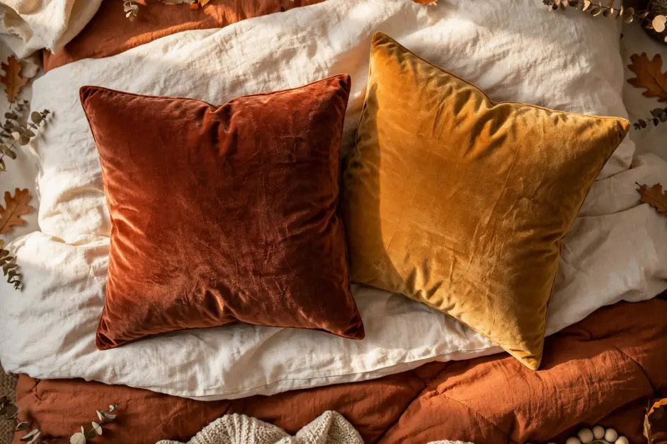 15 Cozy Fall Bedroom Ideas for Small Bedrooms - Bedrooms | HomeImprovementGeek Top-down view of two velvet throw pillows in rust terracotta and warm ochre mustard on cream linen bedding