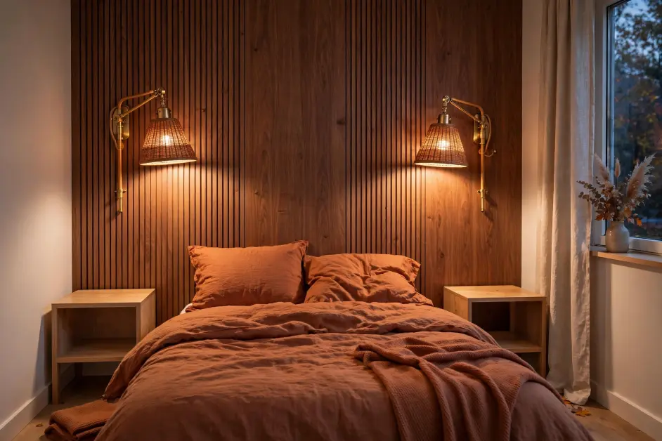 15 Cozy Fall Bedroom Ideas for Small Bedrooms - Bedrooms | HomeImprovementGeek Small bedroom with brass and rattan swing-arm wall sconces above rust bedding, nightstands clear