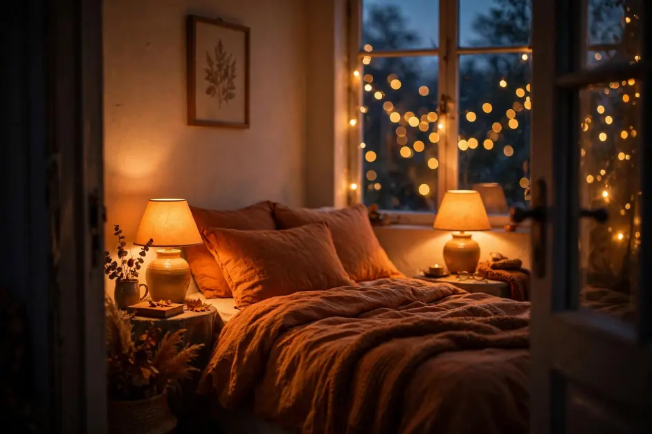 15 Cozy Fall Bedroom Ideas for Small Bedrooms - Bedrooms | HomeImprovementGeek Small bedroom at dusk viewed from doorway with both bedside lamps glowing warm amber and fairy lights in window