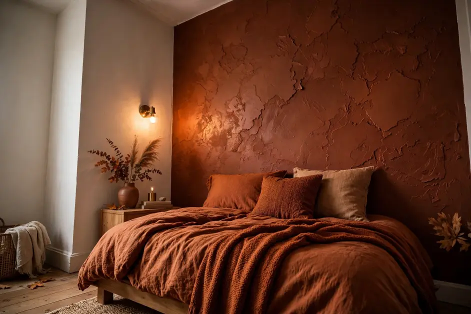 15 Cozy Fall Bedroom Ideas for Small Bedrooms - Bedrooms | HomeImprovementGeek Small bedroom with deep terracotta textured accent wall behind bed with rust bedding and brass sconce glow
