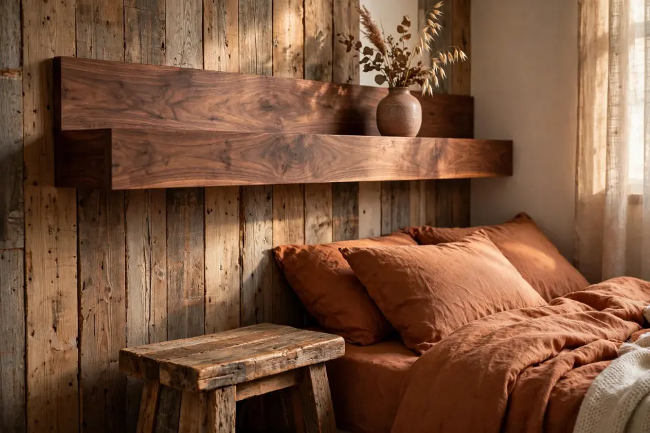 15 Cozy Fall Bedroom Ideas for Small Bedrooms - Bedrooms | HomeImprovementGeek Corner vignette with rich walnut floating shelf, reclaimed wood stool, and ceramic vase with dried stems beside rust bedding