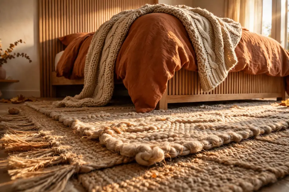 15 Cozy Fall Bedroom Ideas for Small Bedrooms - Bedrooms | HomeImprovementGeek Low-angle ground-level view of layered wool and jute rug beside bed with rust bedding and chunky knit throw